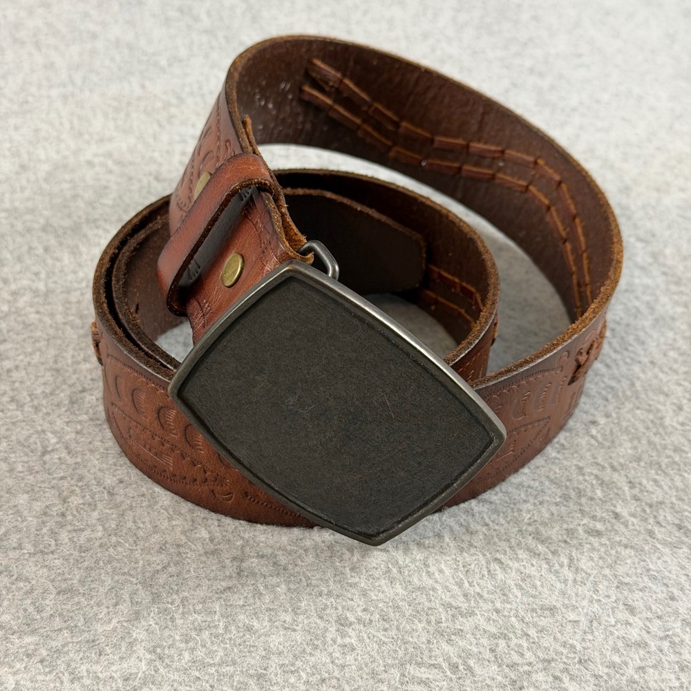 VTG Aeropostale Mens S Brown Genuine Leather Embossed Western Belt Plaque Buckle